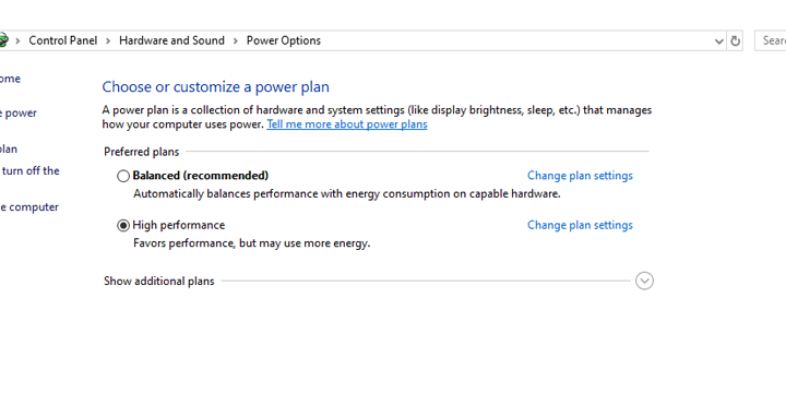 This image shows the Windows settings for power plans, with the High performance plan chosen.